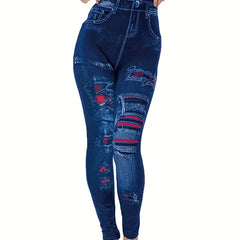 Denim & Ripped Print Leggings Casual Skinny Stretchy High Waist Leggings