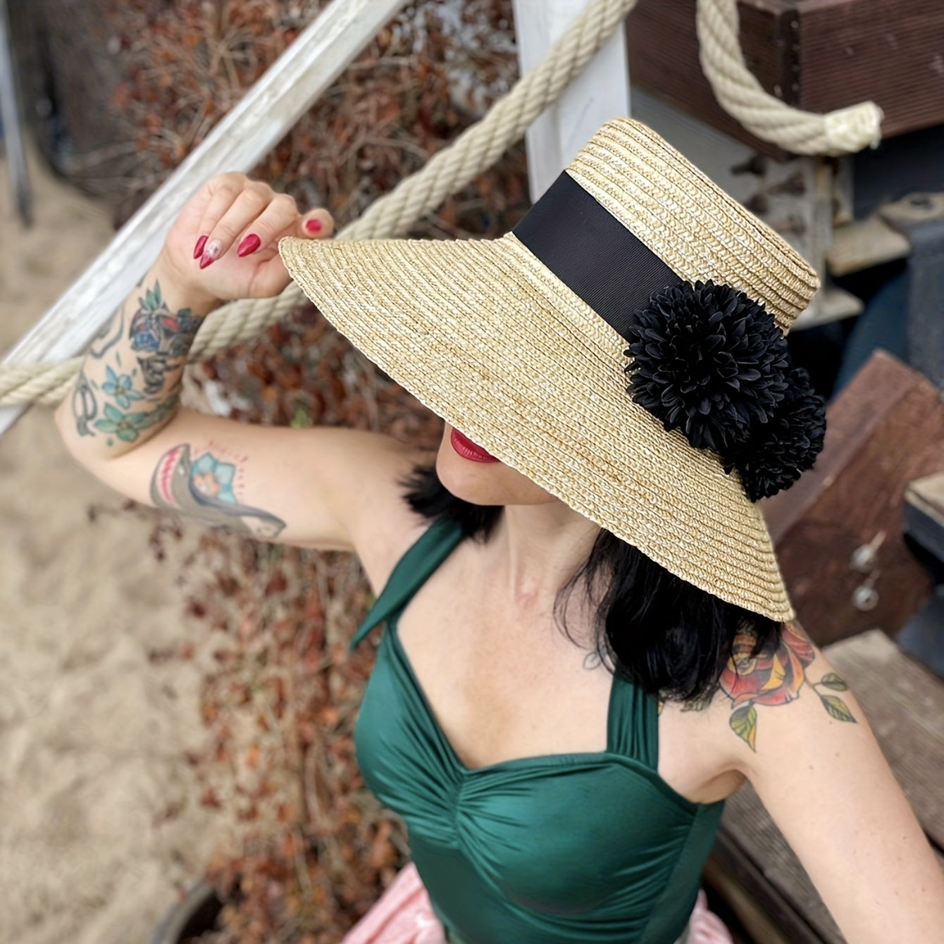 Khaki Wide Brim Straw Sun Hat for Women