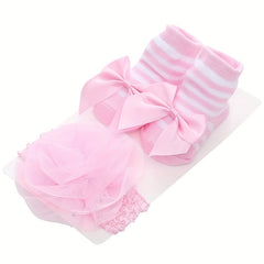 2pcs Newborn Girls Socks & Headband Set - Cotton Princess Crew Socks & Headwear