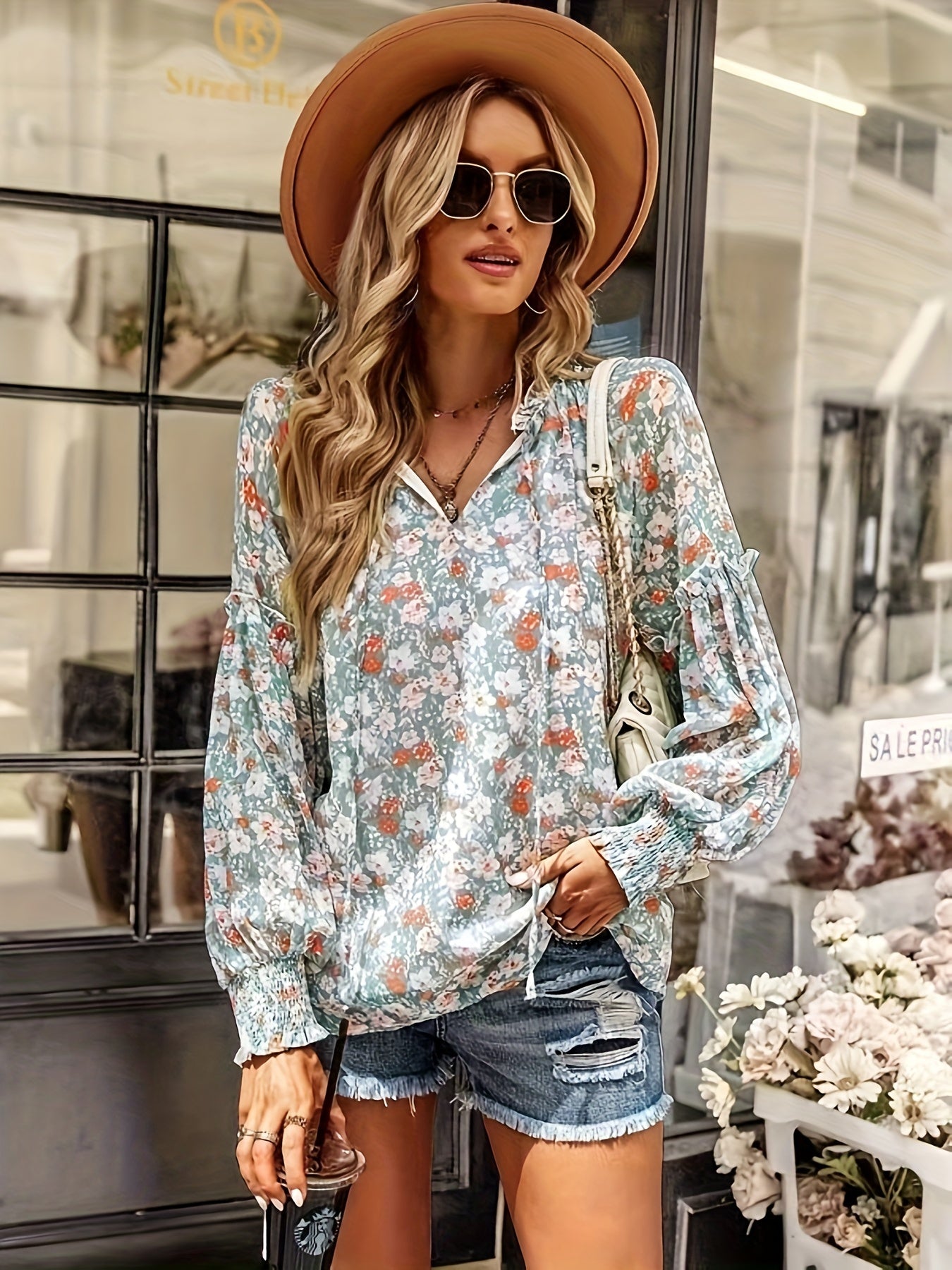 Floral Print Lantern Sleeve Blouse