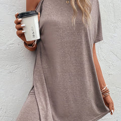 Solid Casual Two piece Set Slanted Shoulder Split Tops & Slim Shorts