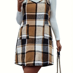Plaid Print V Neck Cami Overall Dress With Pockets
