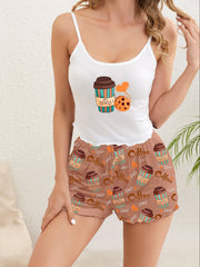 Cartoon Print Pajama Set Crew Neck Cami Top & Shorts Women's Sleepwear