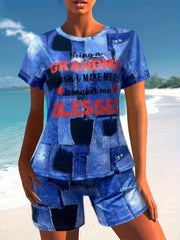 Letter Print Short Sleeve T shirt & Patchwork Shorts Set