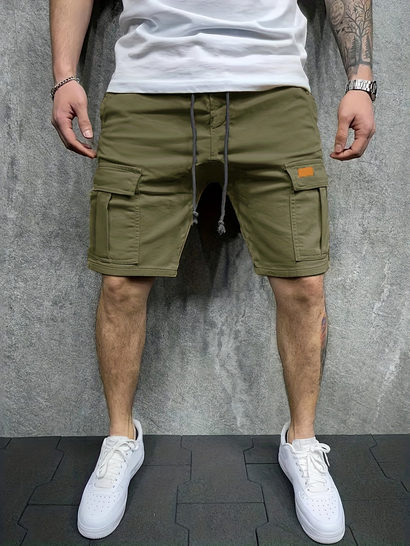 Men's Drawstring Cargo Short Pants Flap Pocket Loose Work Shorts