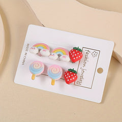 3 Pairs Rainbow & Strawberry Clip On Earrings Teen Party Accessories