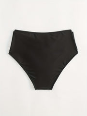 V Metal Decor Ruched High Waist Bikini Bottoms Solid High Stretchy Swimwear