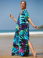 Casual Cover Up Dress Women's Plus Random Print Bat Sleeve V Neck