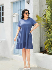 Plus Size Casual Dress Women's Plus Solid Short Sleeve Round Neck Smock Dress