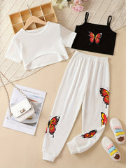 Girls 3pcs Casual Suit T Shirt & Camisole & Pants Set Kids Sports Leisure
