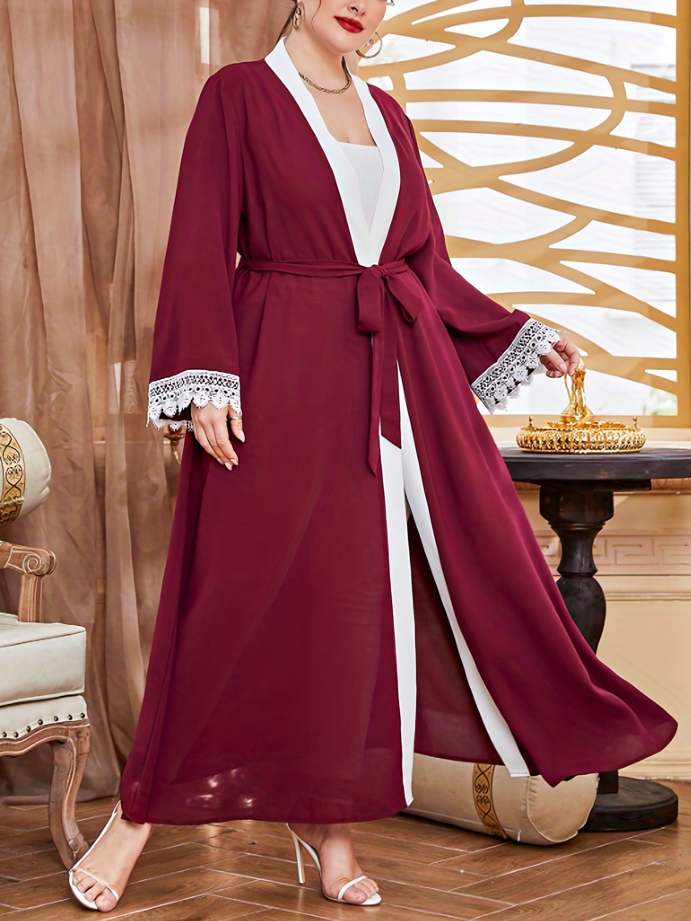 Boho Abaya Robe Plus Contrast Lace Long Sleeve Open Front Robe Arabian Dress