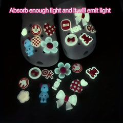 12pcs Pink Bear & Bow Sandal Shoe Charms - Luminous PVC Shoe Decorations