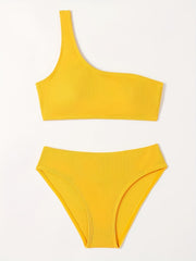 Girl's Ribbed Bikini Set One Shoulder Tank Top & Briefs