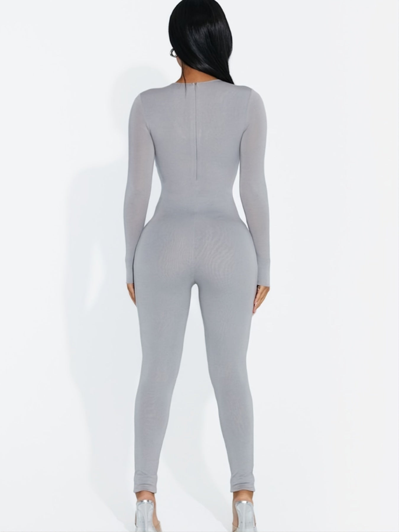 Solid Skinny Stretchy Jumpsuit Crew Neck Long Sleeve Casual Suit