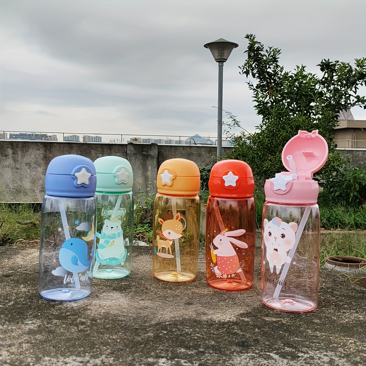 520ml Cartoon Straw Cup Portable Water Bottle for Outdoor Sports Fitness