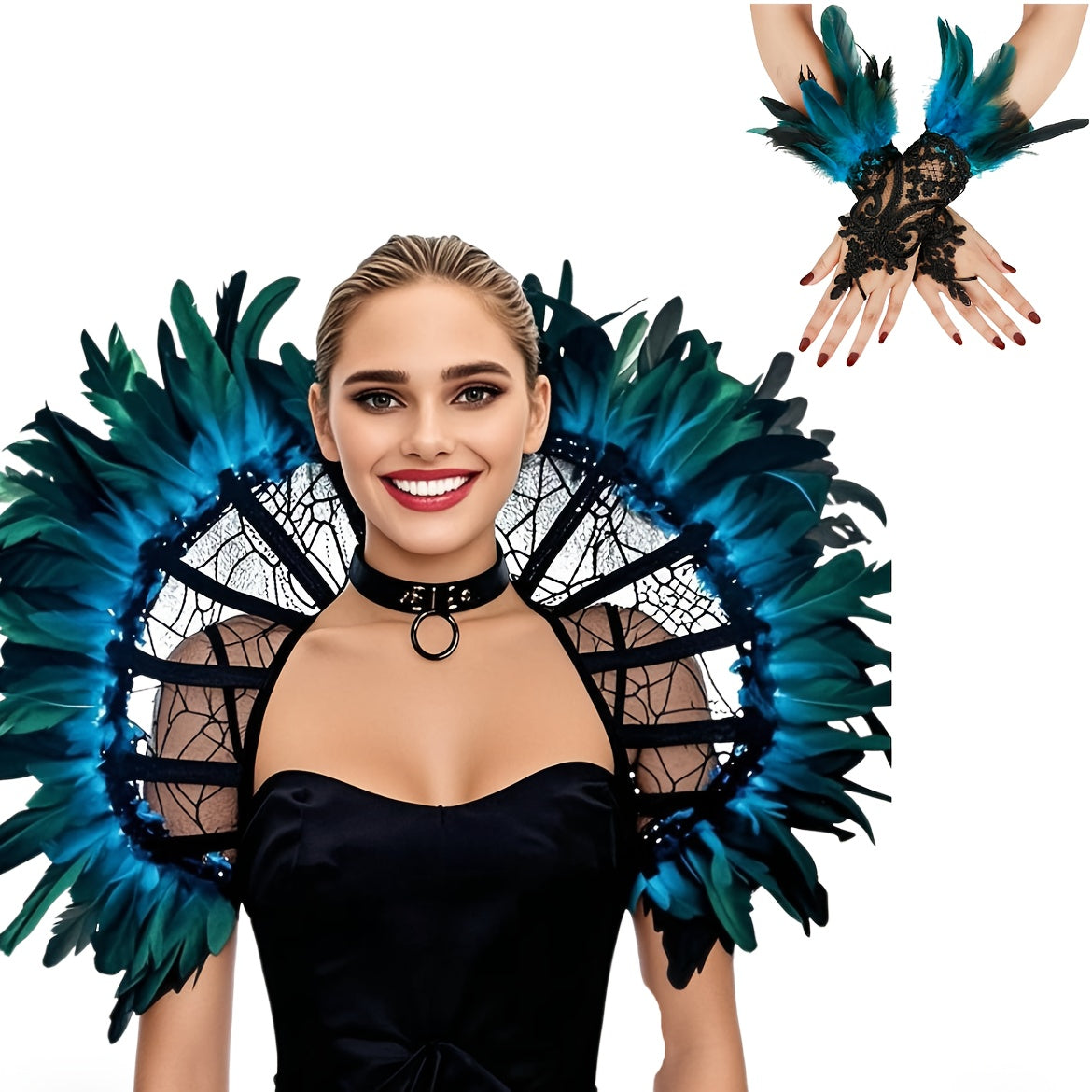 Gothic Corset & Glove Set Teal Feather Accents Ruffled Sleeves Halloween Cosplay
