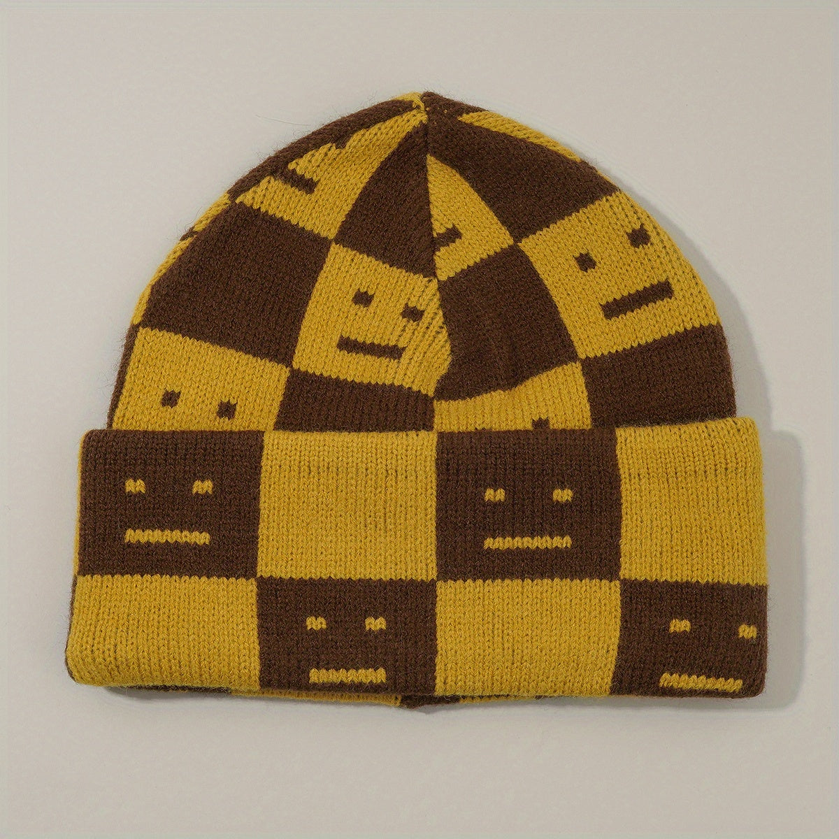 Checkerboard Smiling Beanie Jacquard Wool Knit Hat Unisex Couple Skull Cap