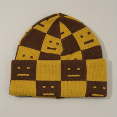 Checkerboard Smiling Beanie Jacquard Wool Knit Hat Unisex Couple Skull Cap