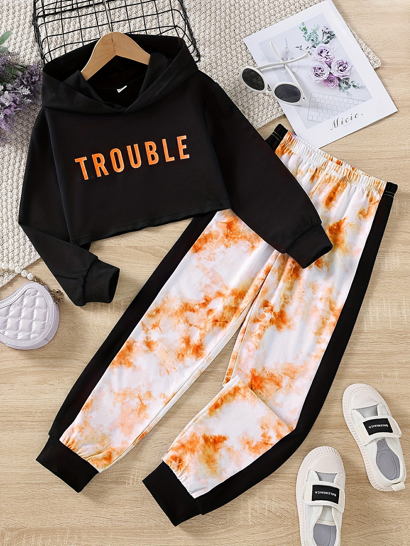 Girls 2pc TROUBLE Letter Hoodie Set Colorblock Tie dye Pants Kids Casual Suit
