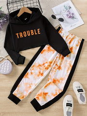 Girls 2pc TROUBLE Letter Hoodie Set Colorblock Tie dye Pants Kids Casual Suit