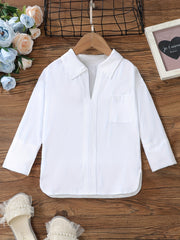 Girls Varsity Shirt Collar V Neck Solid Color with Pocket
