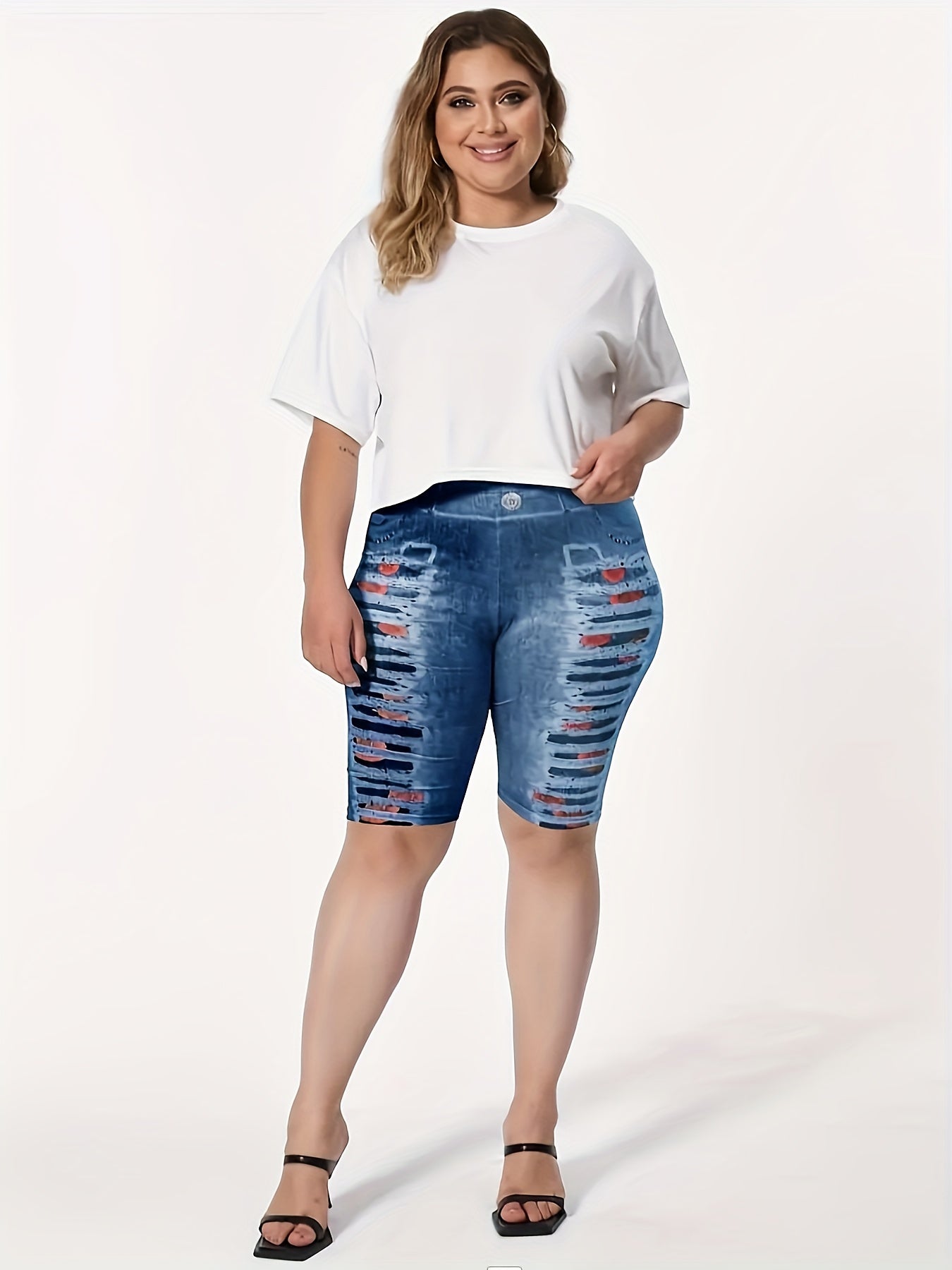 Denim Print Yoga Shorts High Waist Elastic Running Shorts