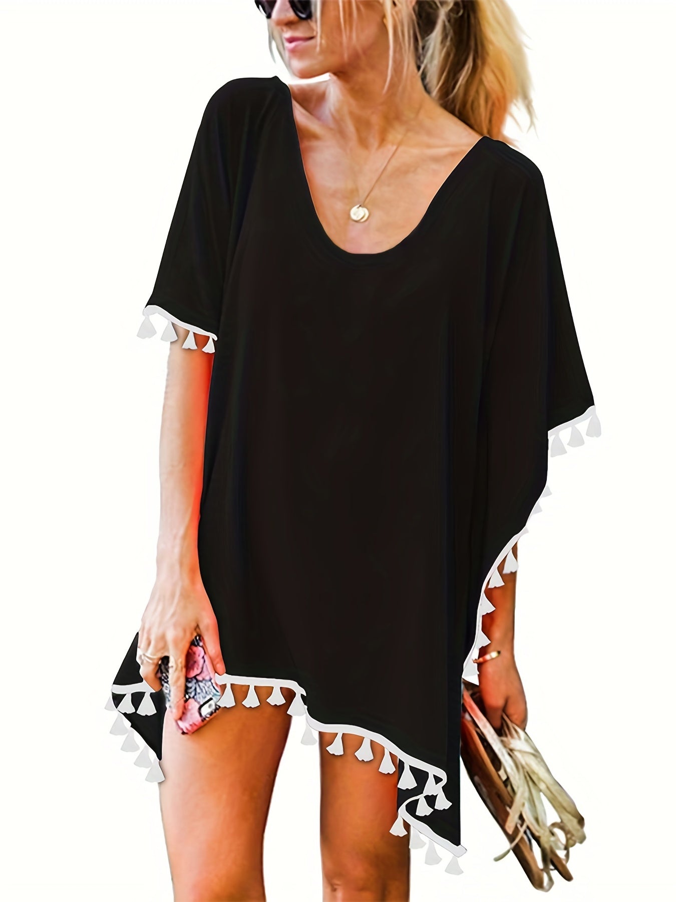 Tassel Decor Cover Up Shirt Round Neck Boho Style Semi Sheer Split Cover Ups