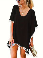 Tassel Decor Cover Up Shirt Round Neck Boho Style Semi Sheer Split Cover Ups