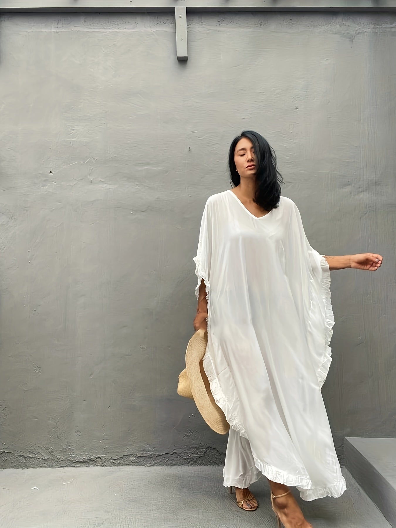 Solid V Neck Ruffle Trim Maxi Split Cover Up