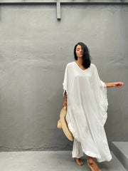 Solid V Neck Ruffle Trim Maxi Split Cover Up