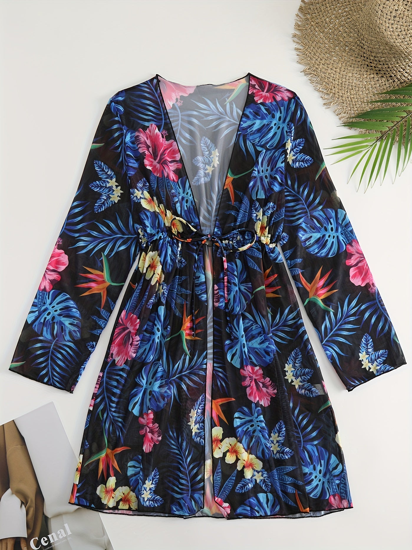 Print Cover Up Shirt Long Sleeves V Neck Drawstring Cover Ups Women's Swimwear