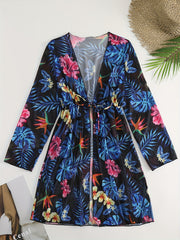 Print Cover Up Shirt Long Sleeves V Neck Drawstring Cover Ups Women's Swimwear