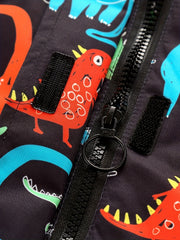 Dino Graphic Print Boy's Hooded Coat Waterproof Windbreaker