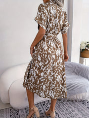 Allover Print Midi Dress Button Front Short Sleeve Women's Clothing