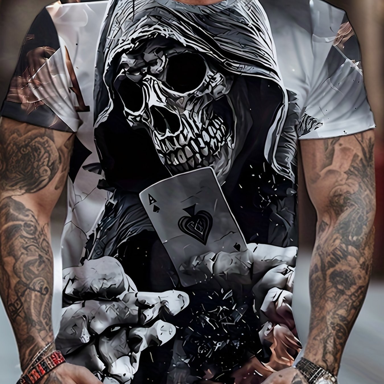 Men's 3D Death & Poker Card Print T shirt Casual Comfy Crew Neck Tee