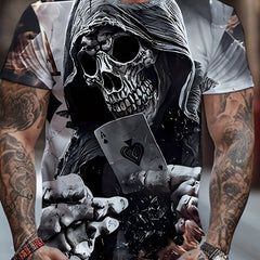Men's 3D Death & Poker Card Print T shirt Casual Comfy Crew Neck Tee