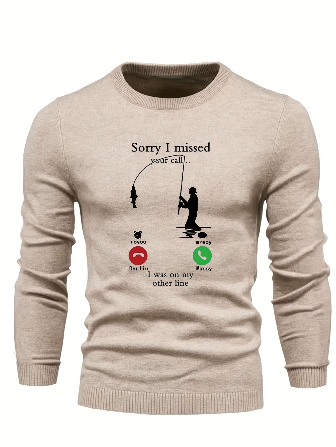 Fishing Pattern Novel Sweater Men's Casual Warm Stretch Crew Neck Pullover
