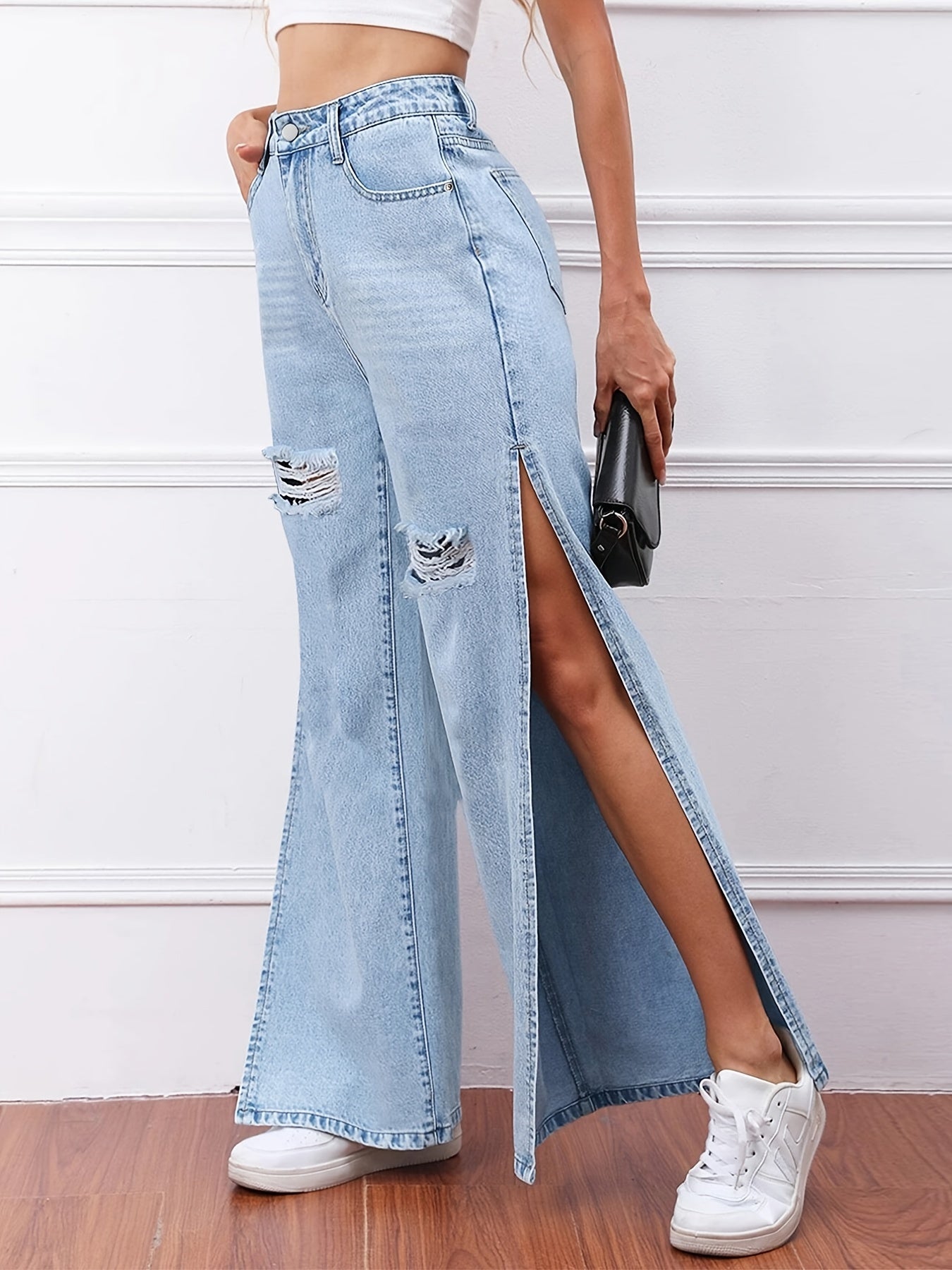 High Waist Distressed Split Jeans Slash Pockets
