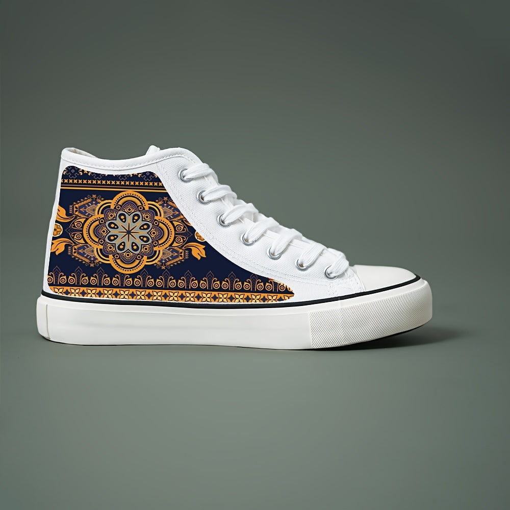 Ethnic Print High Top Canvas Sneakers, Non Slip Chunky Shoes