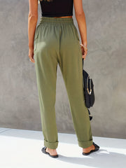 Elastic Waist Button Decor Pants Casual Solid Flap Pockets Pants