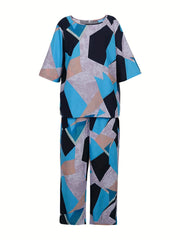 Colorblock Geometric Print Tee & Pants Set