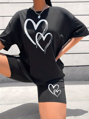 Hearts Print 2pc Shorts Outfit Short Sleeve T Shirt & Shorts Set
