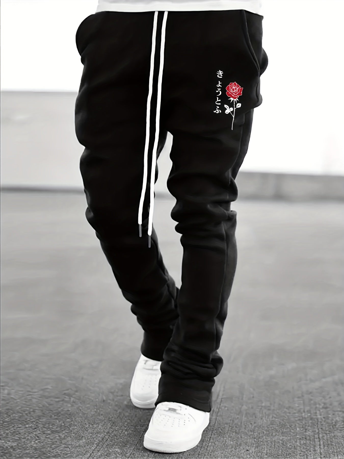 Flower & Japanese Letter Print Men's Drawstring Jogger Pants