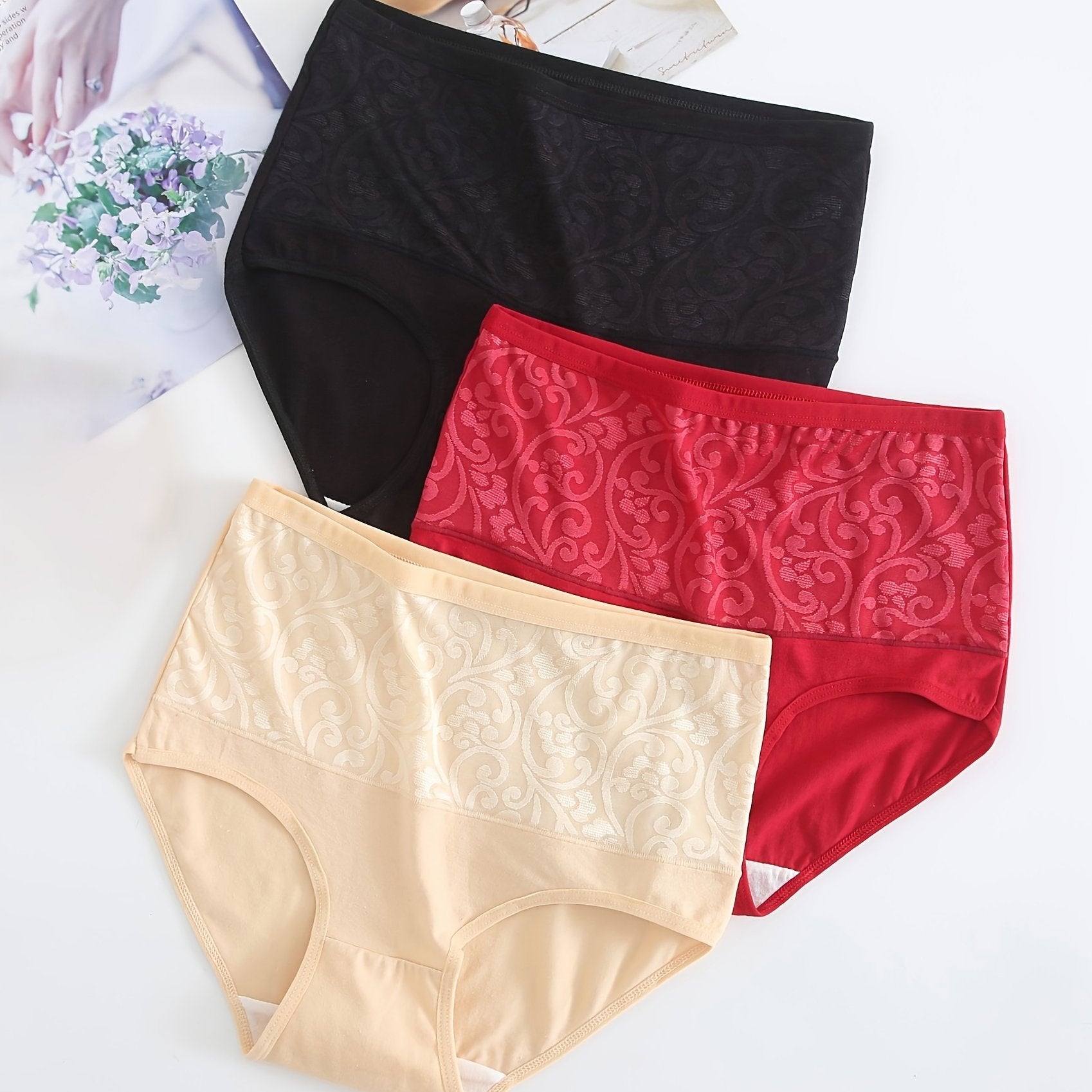 3pcs Jacquard Comfort Briefs High Waist Tummy Control Panties