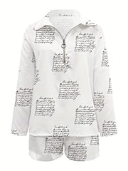 Letter Print Two piece Set Zip Up Top & Shorts Outfits