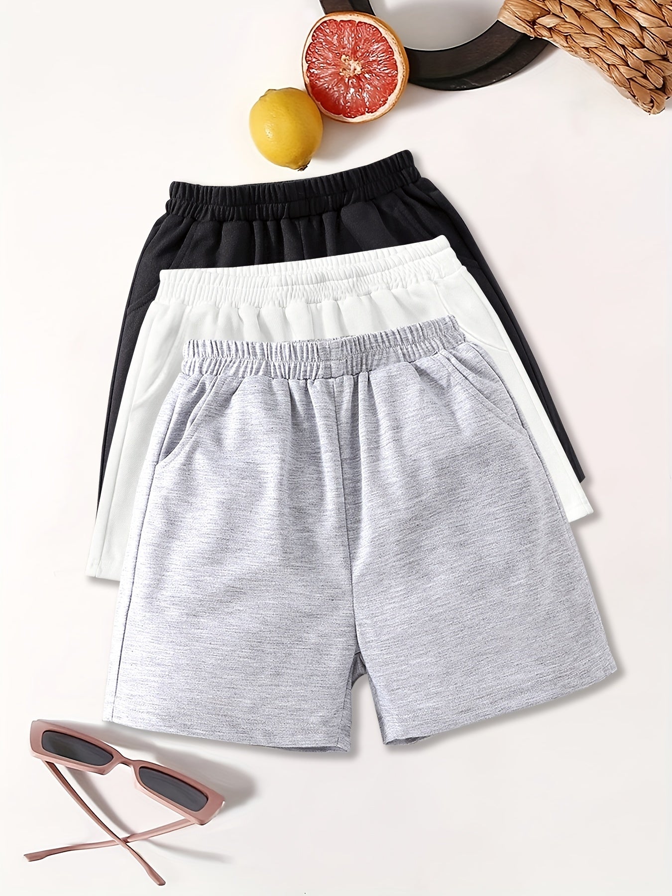 3pcs Kid's Basic Shorts With Pockets Sports Casual Loose Fit Summer Sweatshorts