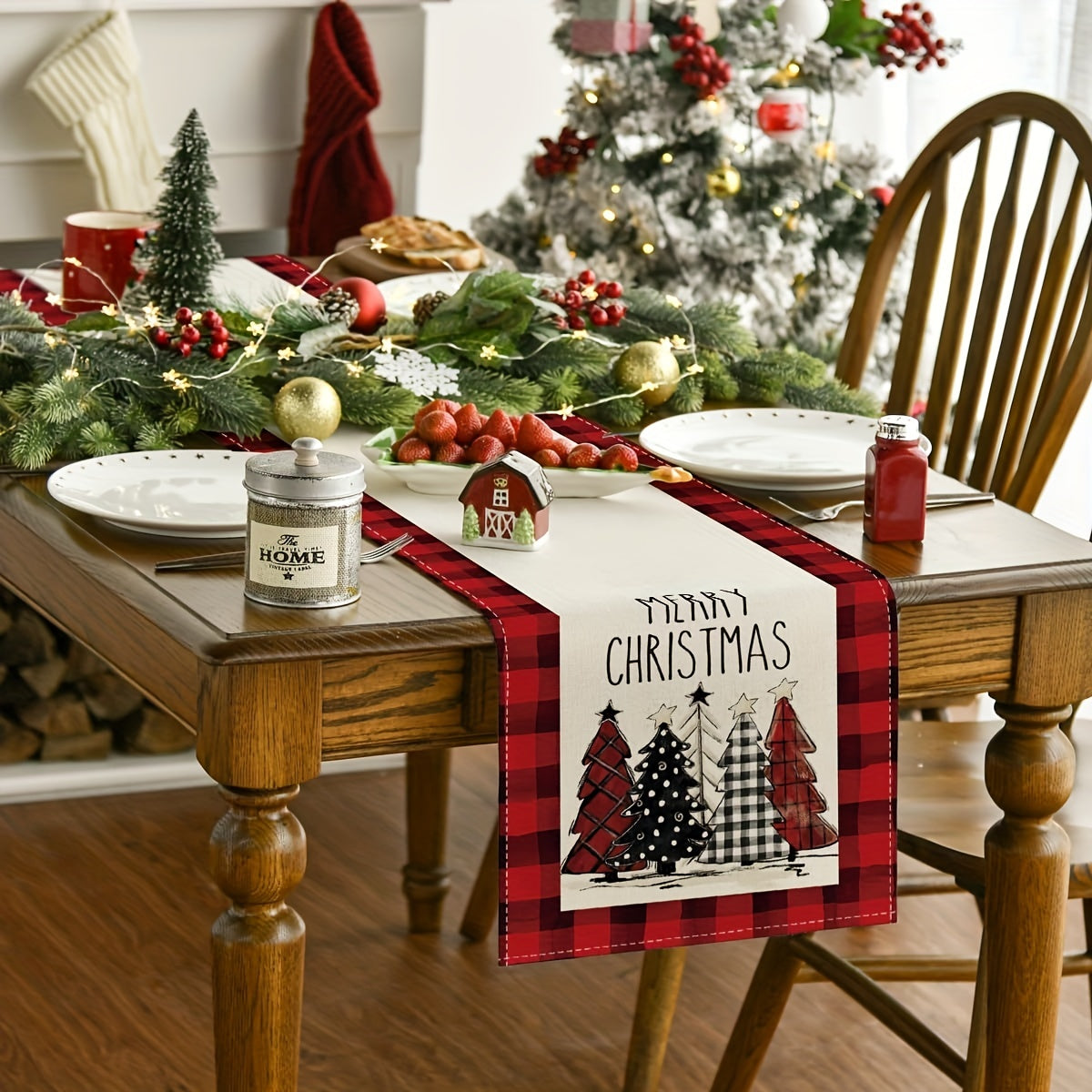 Linen Merry Christmas Table Runner Christmas Tree Print Holiday Decor