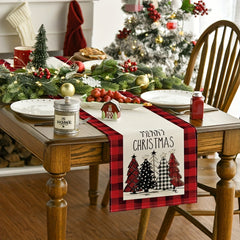 Linen Merry Christmas Table Runner Christmas Tree Print Holiday Decor