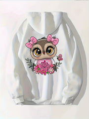Cartoon Owl Print Hoodie Casual Hooded Sweatshirt for Winter & Fall
