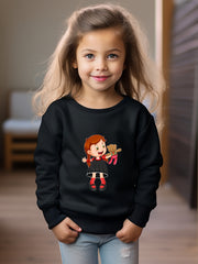 Anime Girl & Bear Doll Print Girls Sweatshirt Long Sleeve Crew Neck Tops